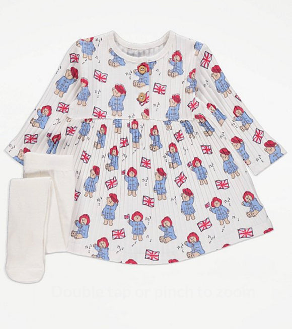 Paddington Bear Ribbed Dress and Tights Outfit 0-3 months
