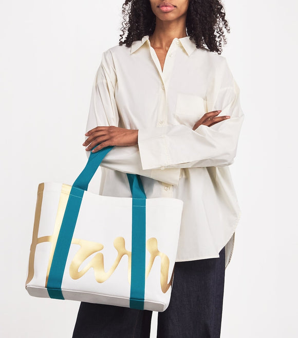 Contemp logo ivory w/Teal Med Tote...حقيبة متوسطة الحجم باللون العاجي/الأزرق المخضر بشعار عصري