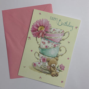 Happy Birthday Teddy and Teacups Card and Envelope