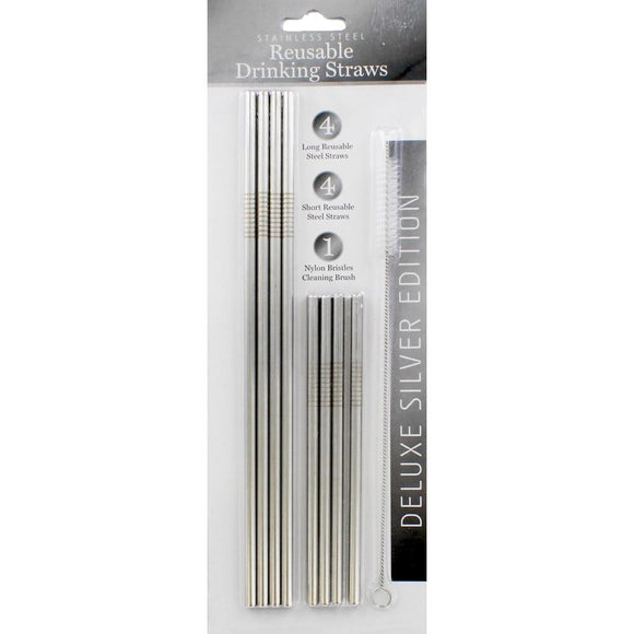 Silver Stainless Steel Reusable Drinking Straws - 8 Pack