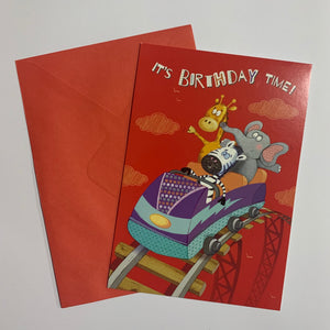 It's Birthday Time! Animals on Rollercoaster Card and Envelope