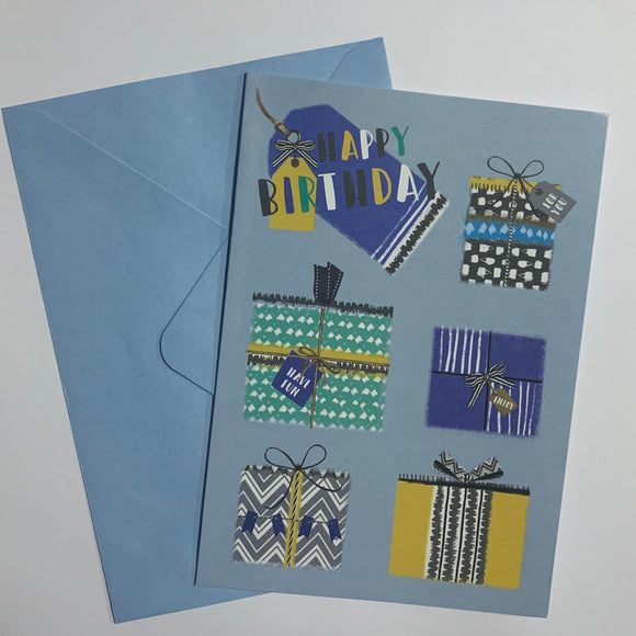 Happy Birthday Blue Presents Card and Envelope