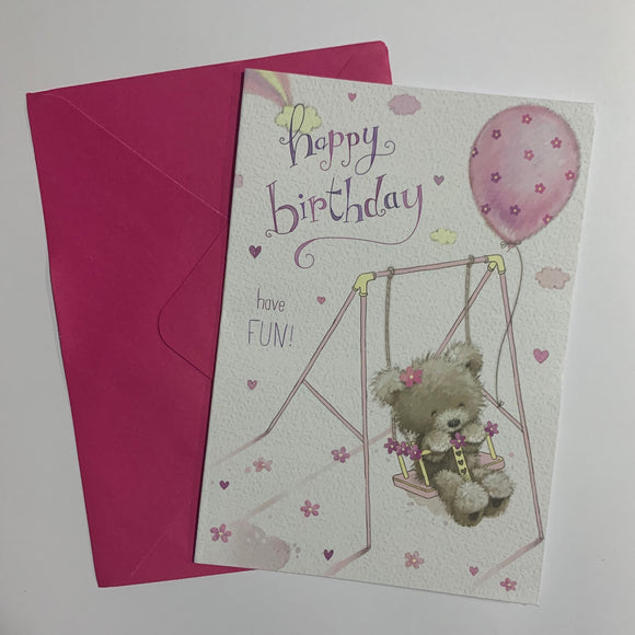 Happy Birthday Have Fun! Teddy on Swing Card and Envelope