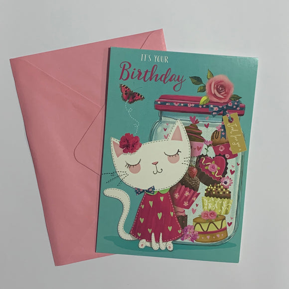 It's Your Birthday Cat and Cupcakes Card and Envelope