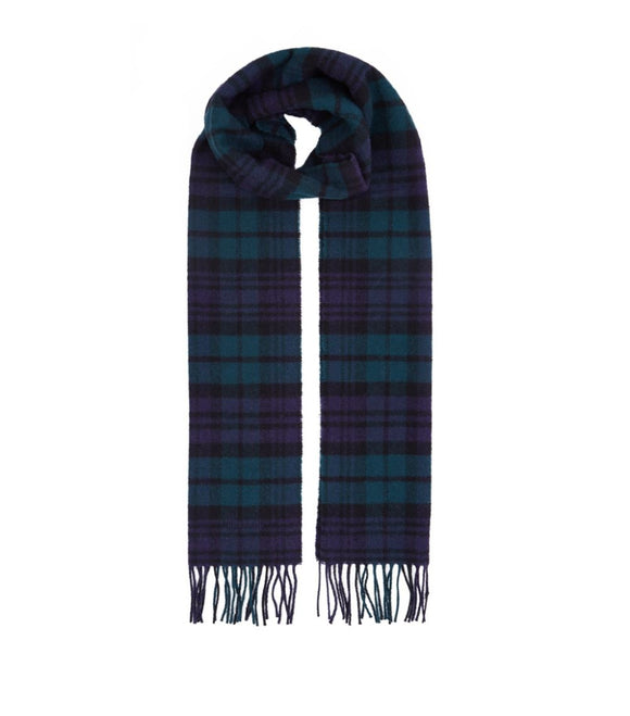 Fringed Check Wool Scarf Navy