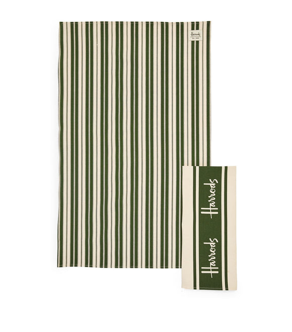 Harrods Green Cotton Stripe Tea Towel Set of 2